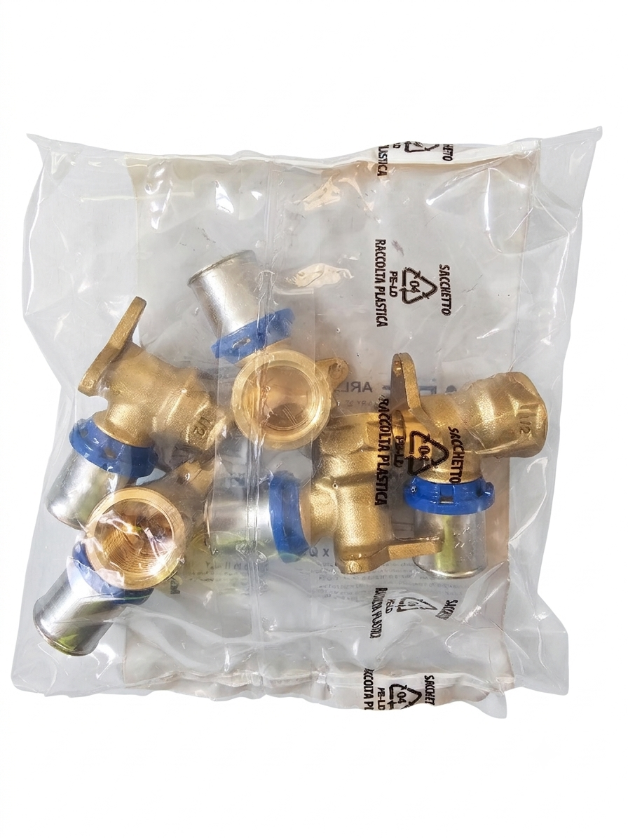 Gomito con Staffa a Pressare per Tubo Multistrato 1/2 x 20 (5pz)