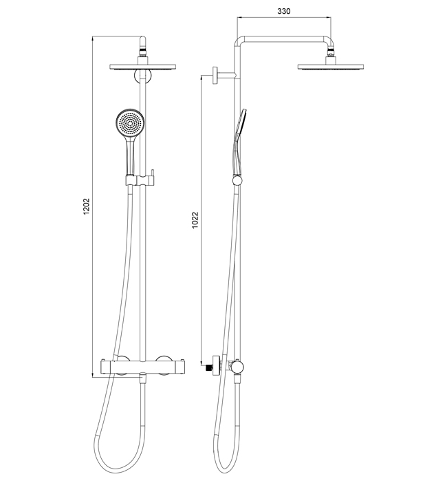 Disegno quotato colonna doccia Almar E405002: altezza 1202 mm, braccio 330 mm