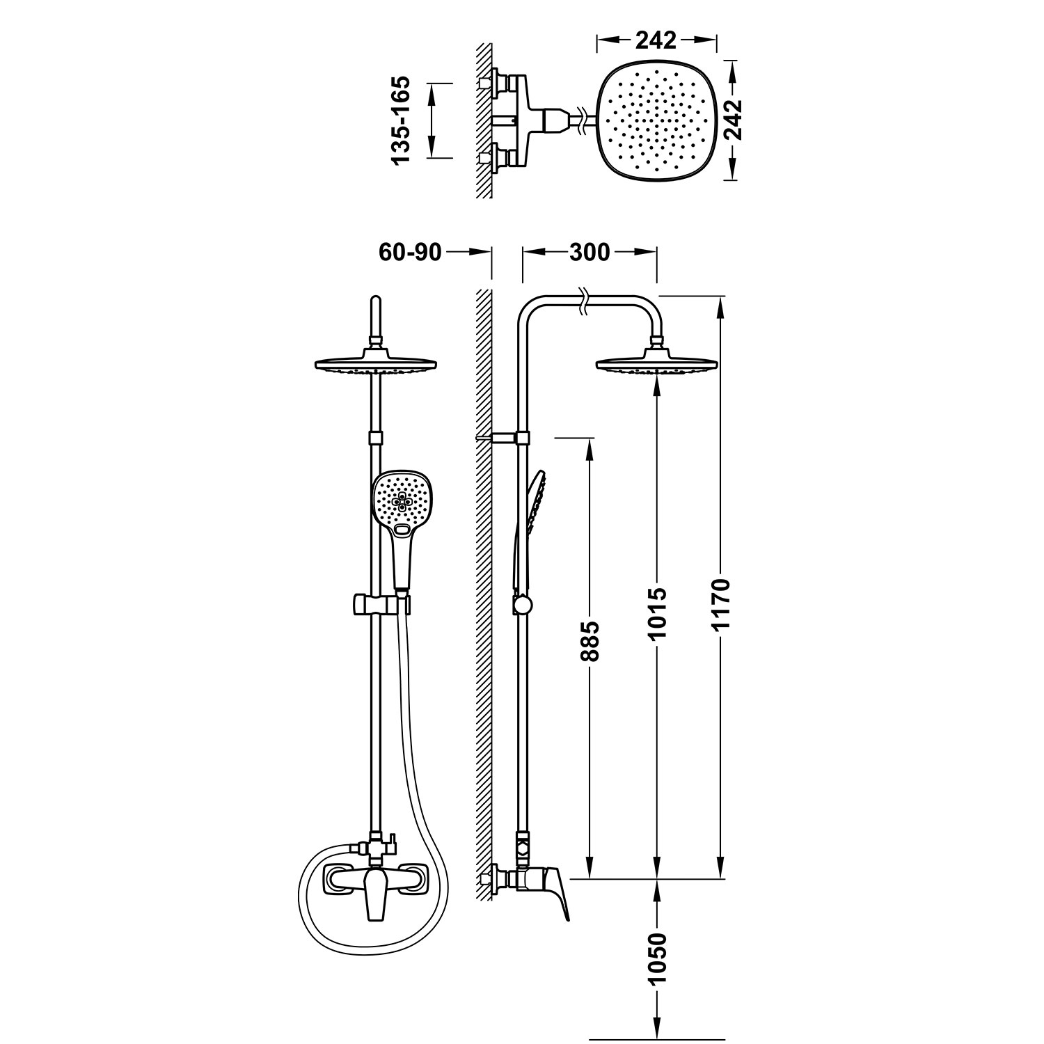 Disegno tecnico quotato della colonna doccia Tres Canigó 21719101, misure in mm