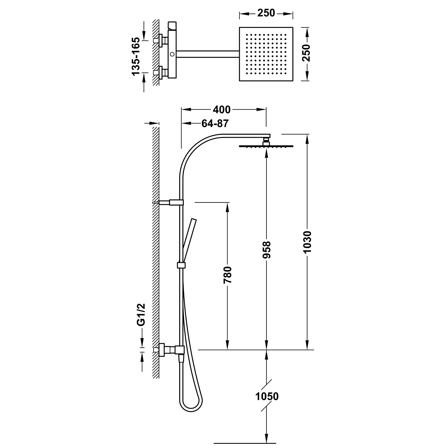 Disegno tecnico quotato della colonna doccia Tres Cuadro 00719101, misure in mm