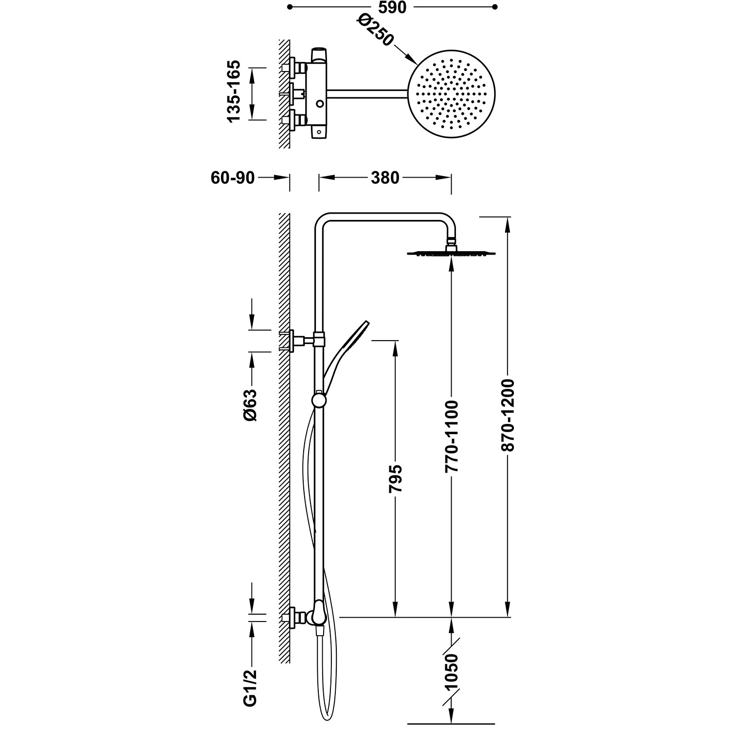 Disegno tecnico quotato della colonna doccia Tres Flat 22019701, misure in mm