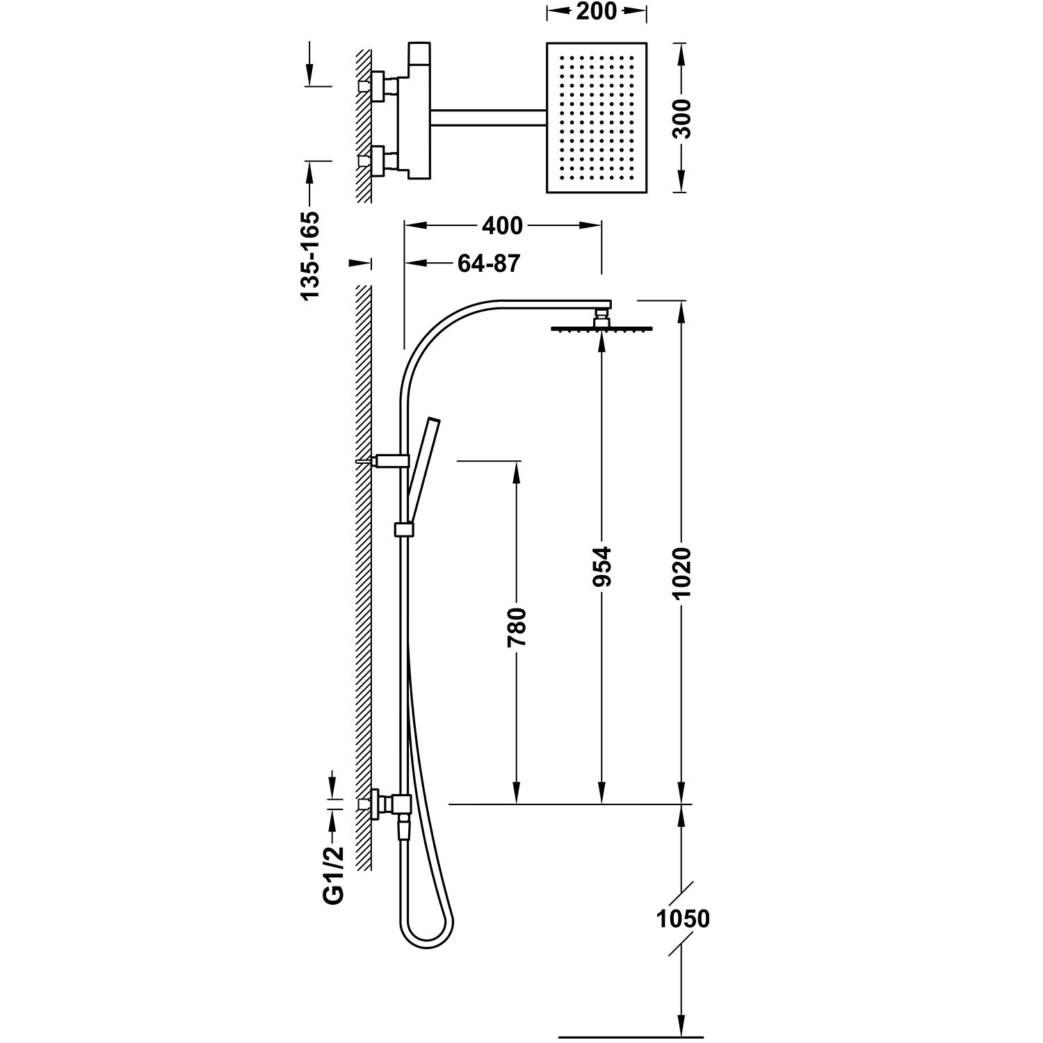 Disegno tecnico quotato della colonna doccia Tres Slim 20219101, misure in mm
