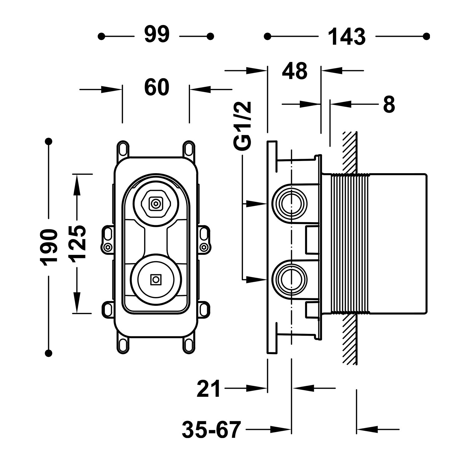 Disegno tecnico quotato del corpo da incasso Tres Rapid-box 2 vie 20828110 con le misure in mm