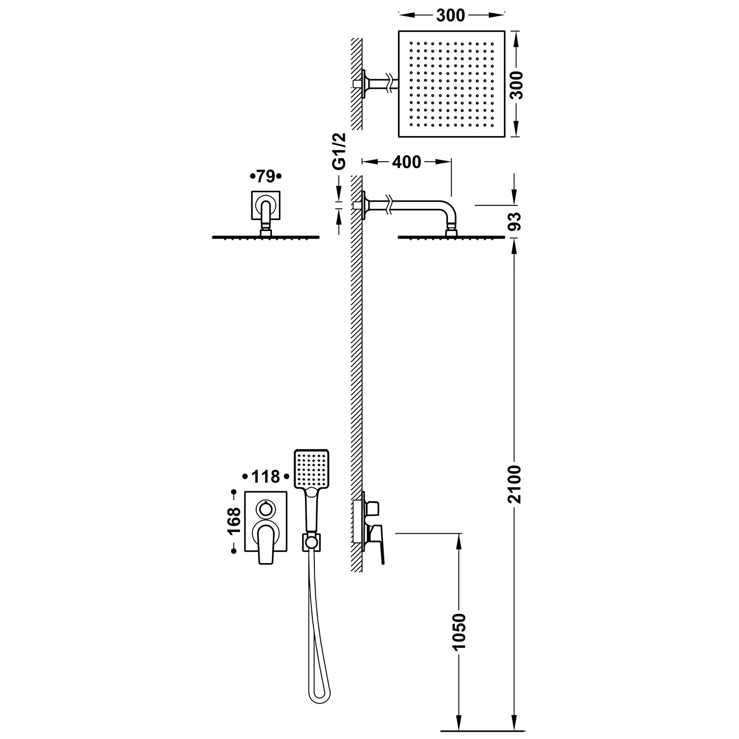 Disegno tecnico quotato del kit doccia a incasso Tres Project 22138004 con le misure in mm
