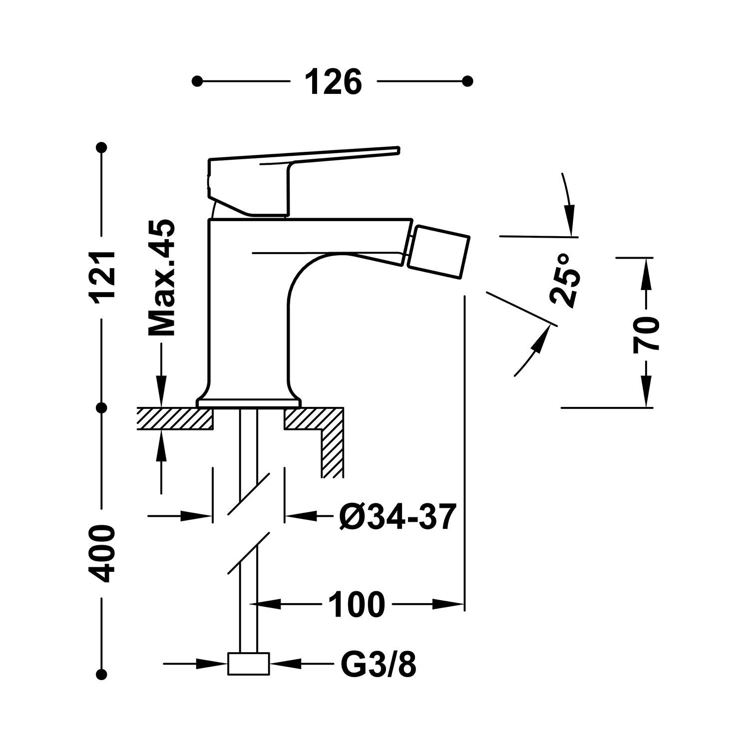 Disegno tecnico quotato del miscelatore bidet Tres Project 22112001 con le misure in mm