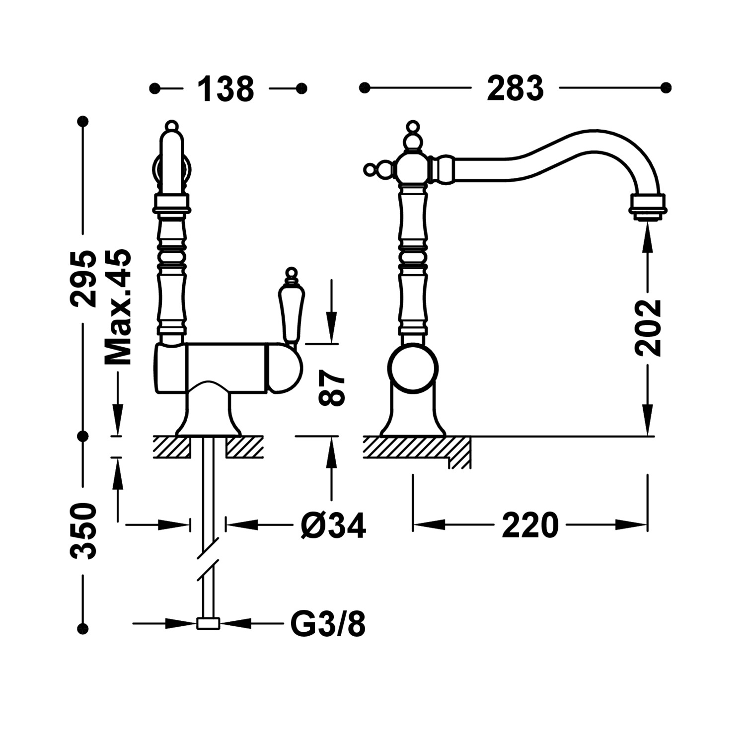 Disegno tecnico quotato del miscelatore cucina Tres Clasic Color 24233401 con le misure in mm