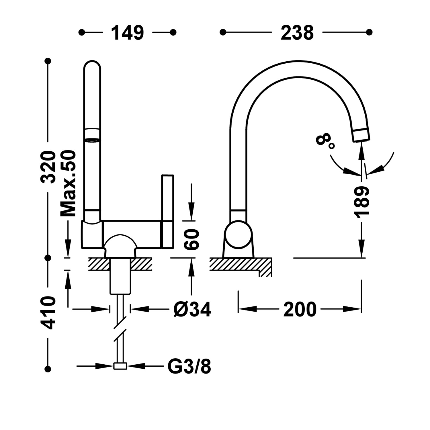 Disegno tecnico quotato del miscelatore cucina Tres Kitchens 23033502 con le misure in mm