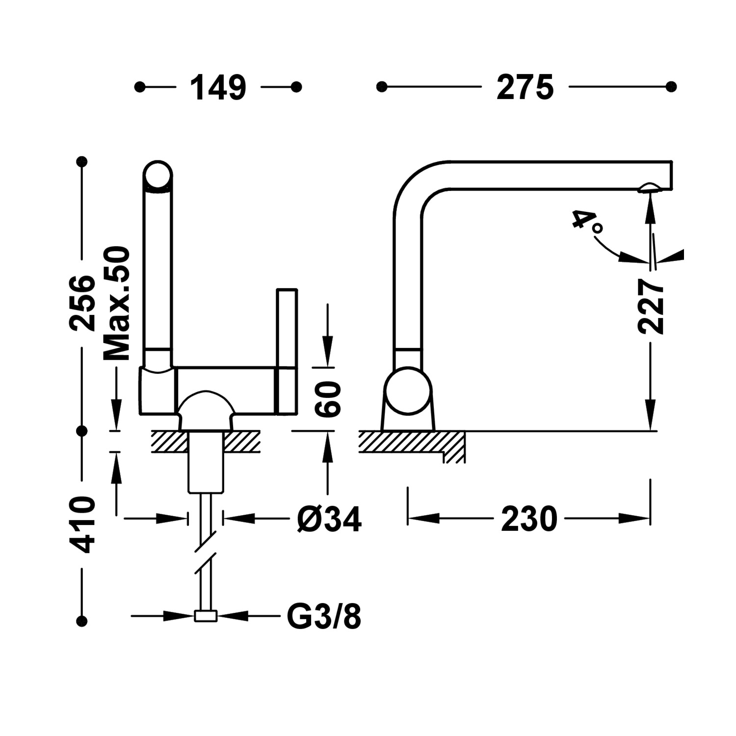 Disegno tecnico quotato del miscelatore cucina Tres Kitchens 23033503 con le misure in mm