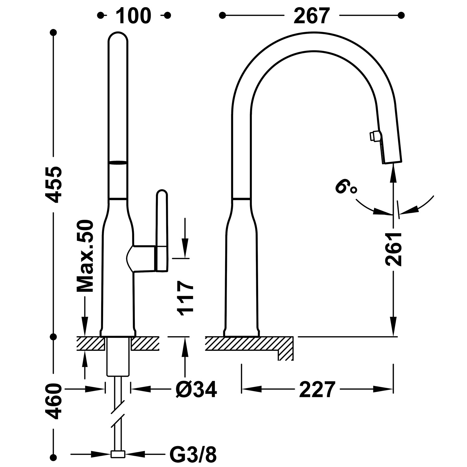 Disegno tecnico quotato del miscelatore cucina Tres Kitchens 23043802 con le misure in mm