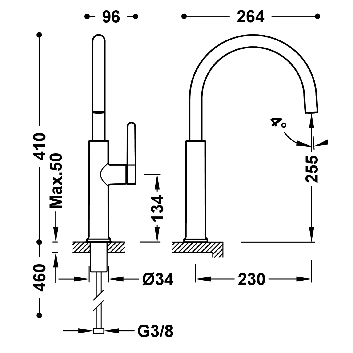 Disegno tecnico quotato del miscelatore cucina Tres Kitchens 23044003 con le misure in mm