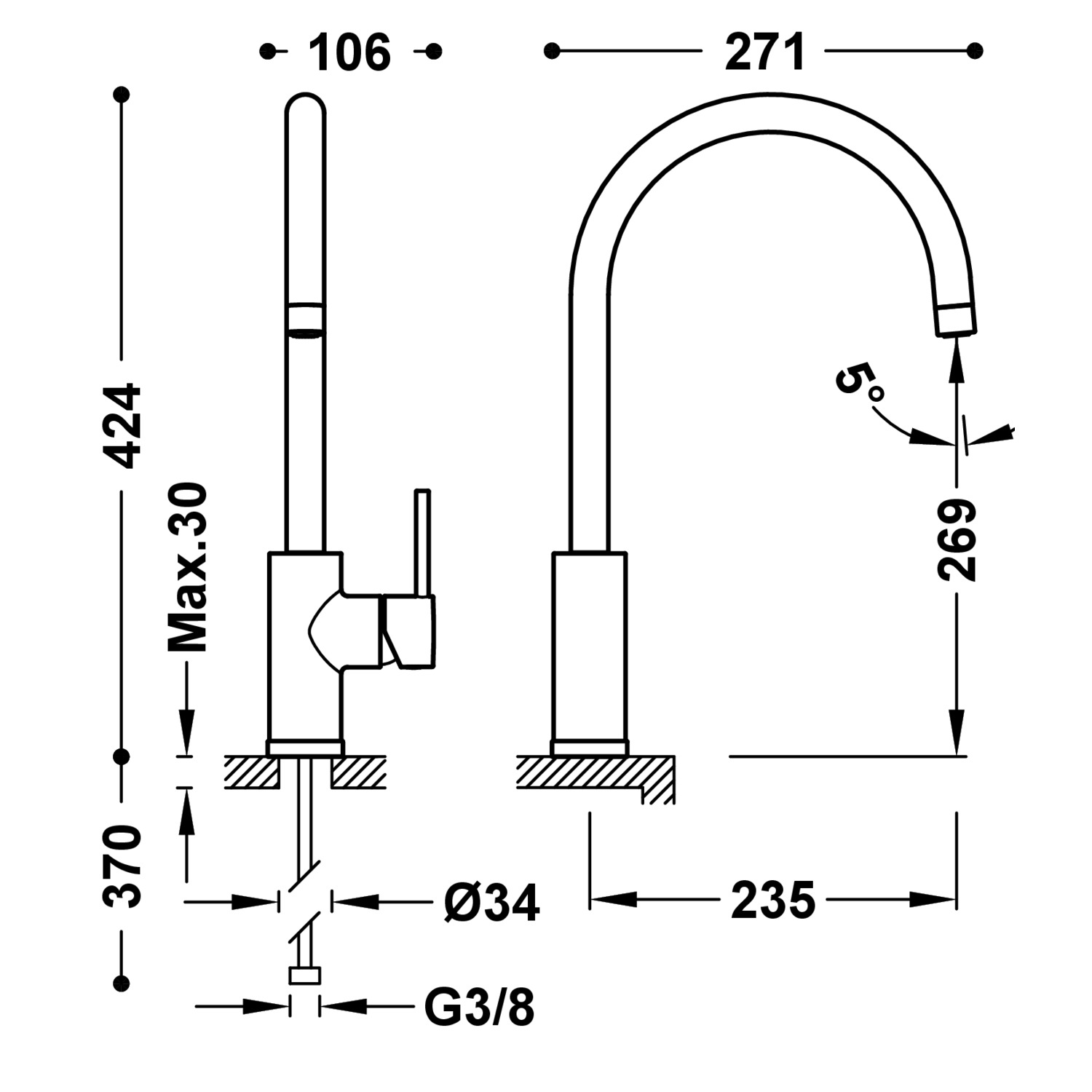 Disegno tecnico quotato del miscelatore cucina Tres Kitchens 23044005 con le misure in mm
