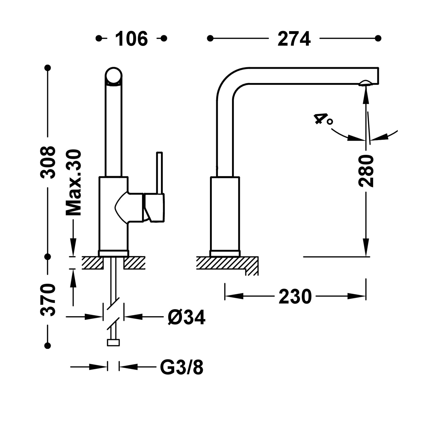 Disegno tecnico quotato del miscelatore cucina Tres Kitchens 23044006 con le misure in mm