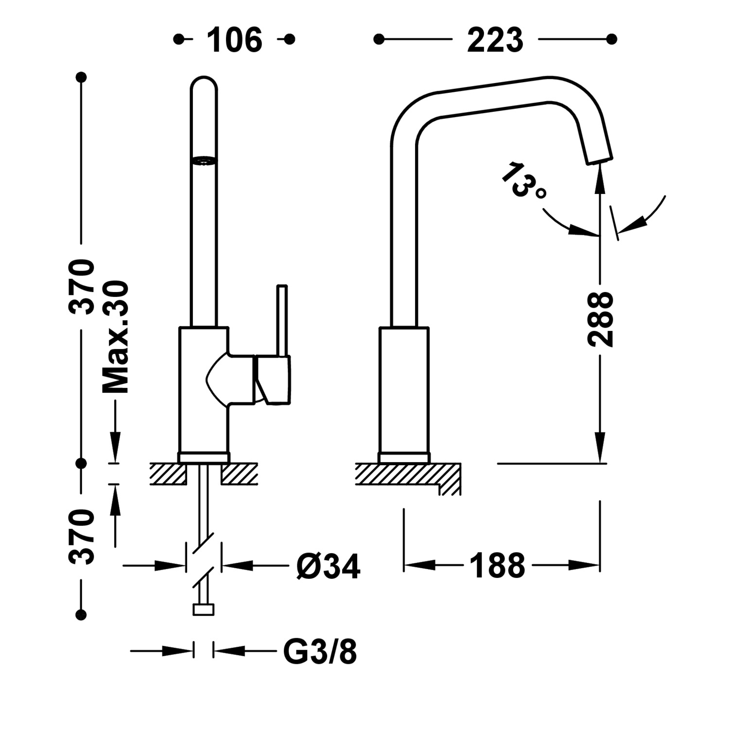 Disegno tecnico quotato del miscelatore cucina Tres Kitchens 23044007 con le misure in mm