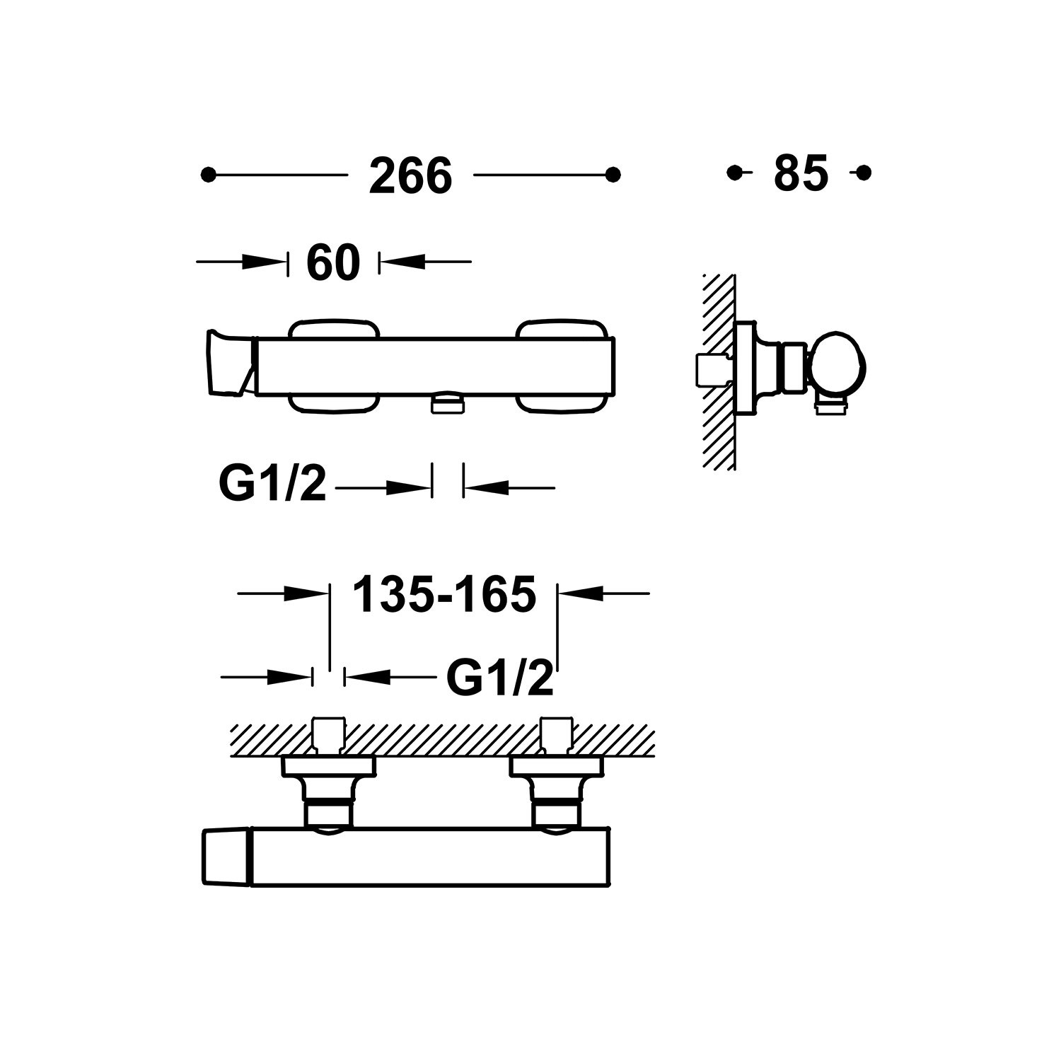 Disegno tecnico quotato del miscelatore doccia esterno Tres Loft 22216701 con le misure in mm