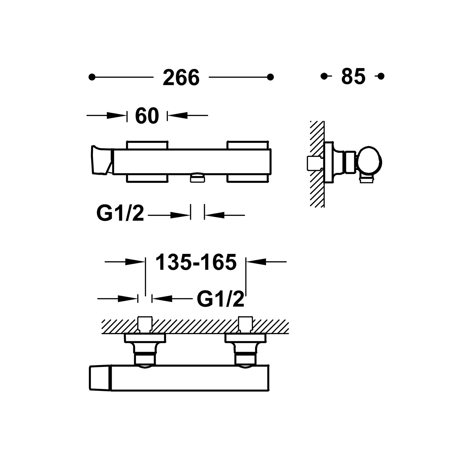 Disegno tecnico quotato del miscelatore doccia esterno Tres Project 22116701 con le misure in mm