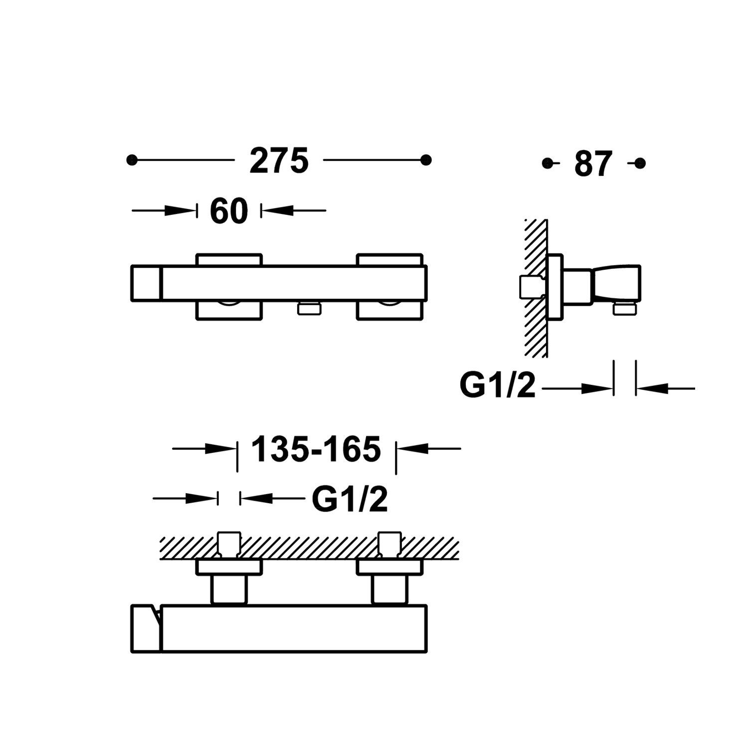 Disegno tecnico quotato del miscelatore doccia esterno Tres Slim 20216701 con le misure in mm