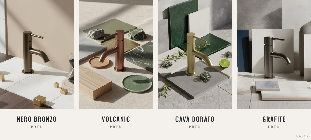 Le quattro tonalità PBT® Tres: Nero bronzo, Volcanic, Cava dorato e Grafite