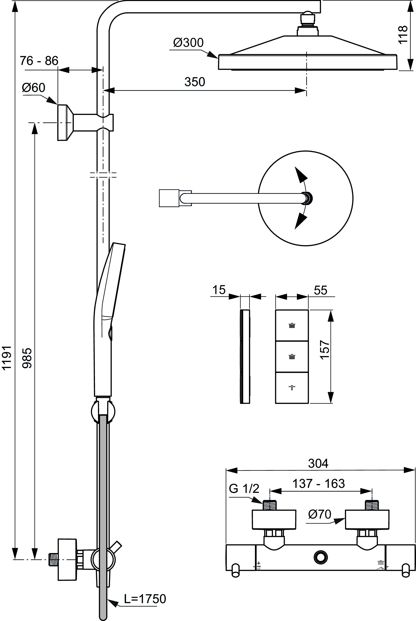 Disegno tecnico quotato colonna doccia Ideal Standard Ceratherm T125+ A7689