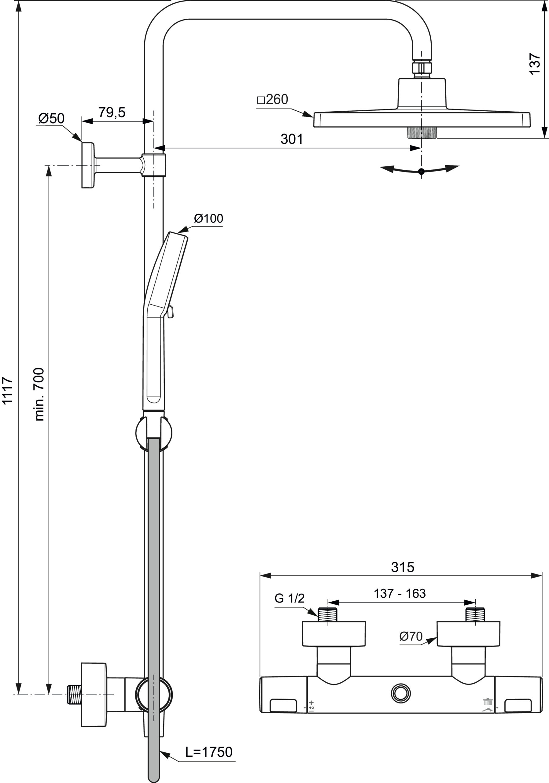 Disegno tecnico quotato colonna doccia Ideal Standard Ceratherm T25+ A8532
