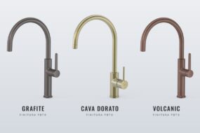 Rubinetti da cucina Tres Kitchens nelle finiture PBT® Grafite, Cava dorato e Volcanic