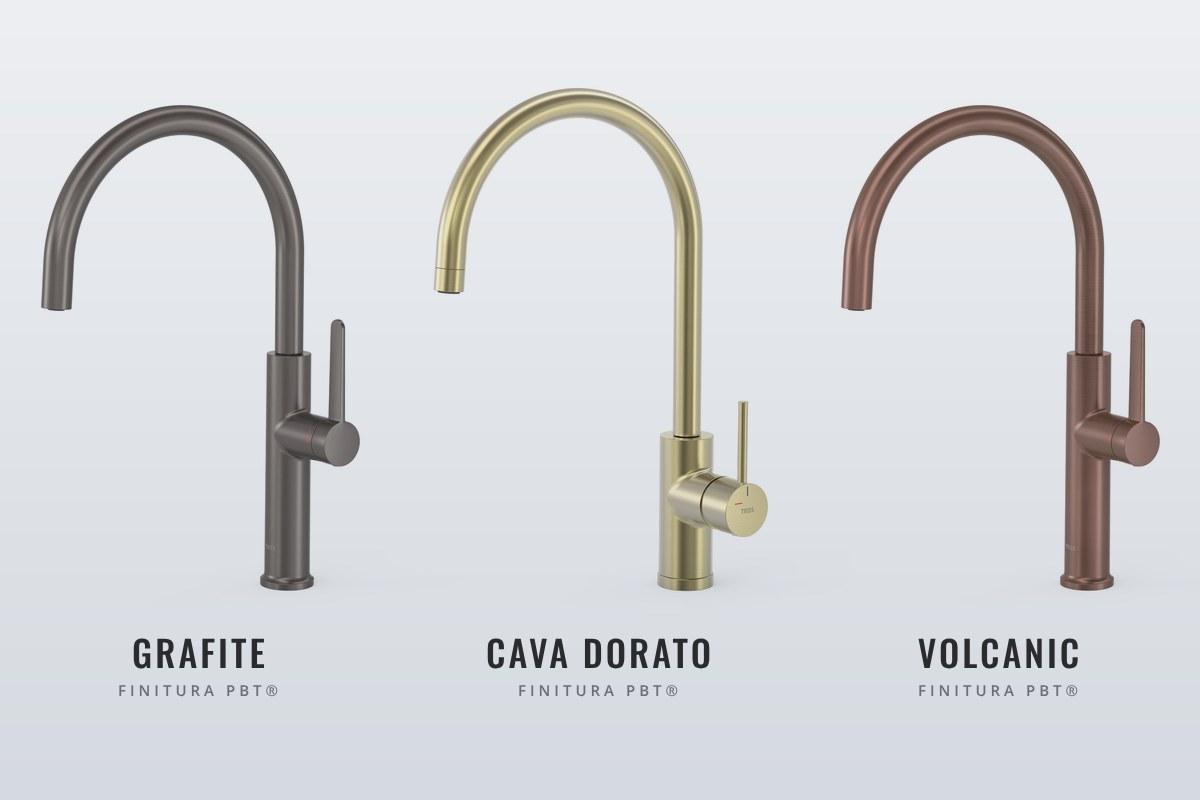 Rubinetti da cucina Tres Kitchens nelle finiture PBT® Grafite, Cava dorato e Volcanic
