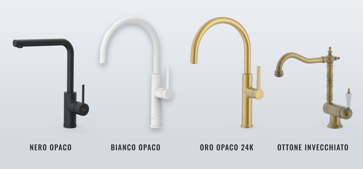 Rubinetti da cucina Tres in nero opaco, bianco opaco, oro opaco 24K e ottone invecchiato opaco